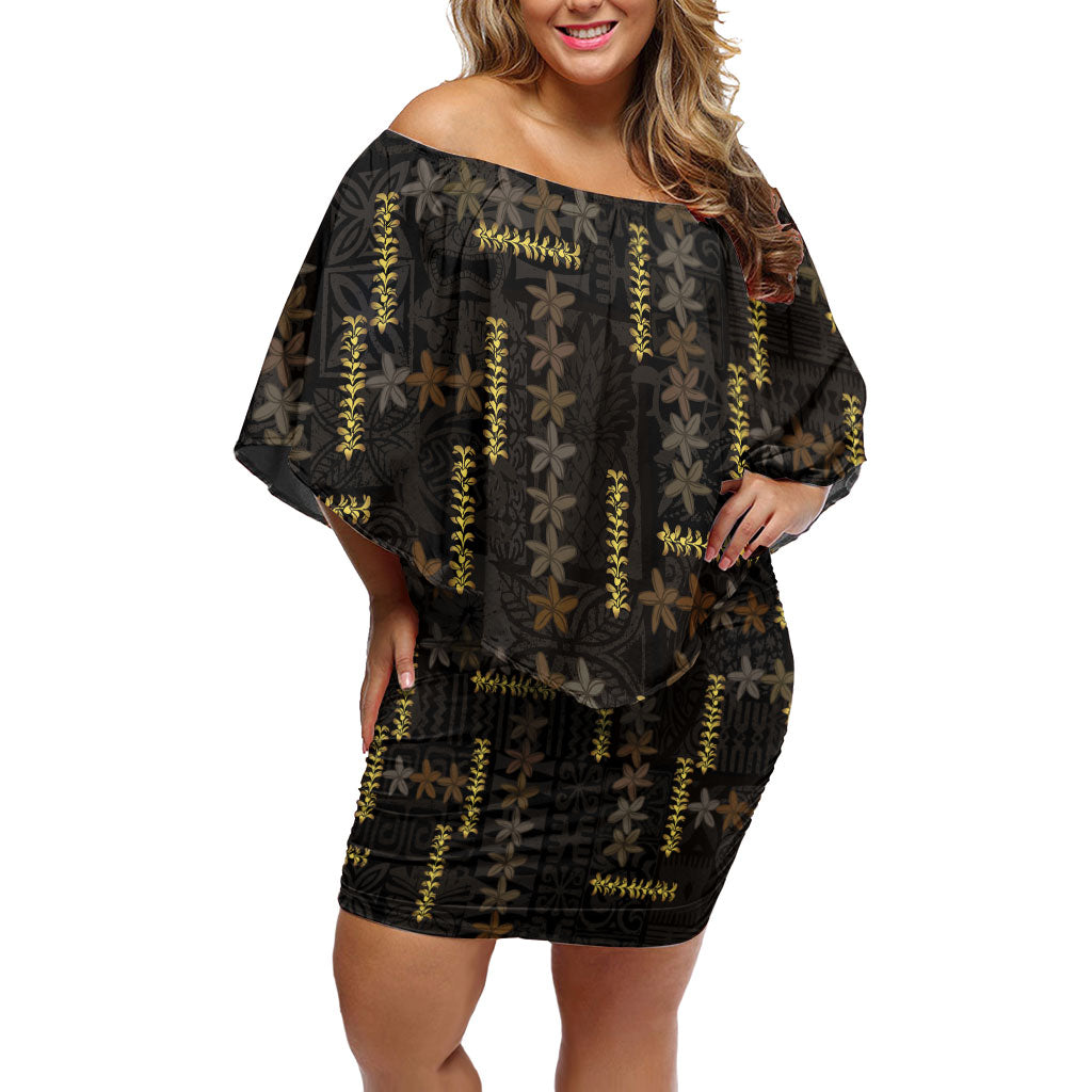 Hawaii Brown Plumeria Lei Black Off Shoulder Short Dress Frangipani Floral Heritage Art