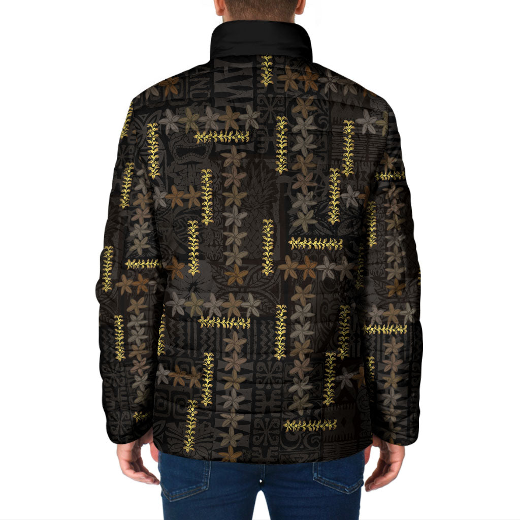 Hawaii Brown Plumeria Lei Black Padded Jacket Frangipani Floral Heritage Art