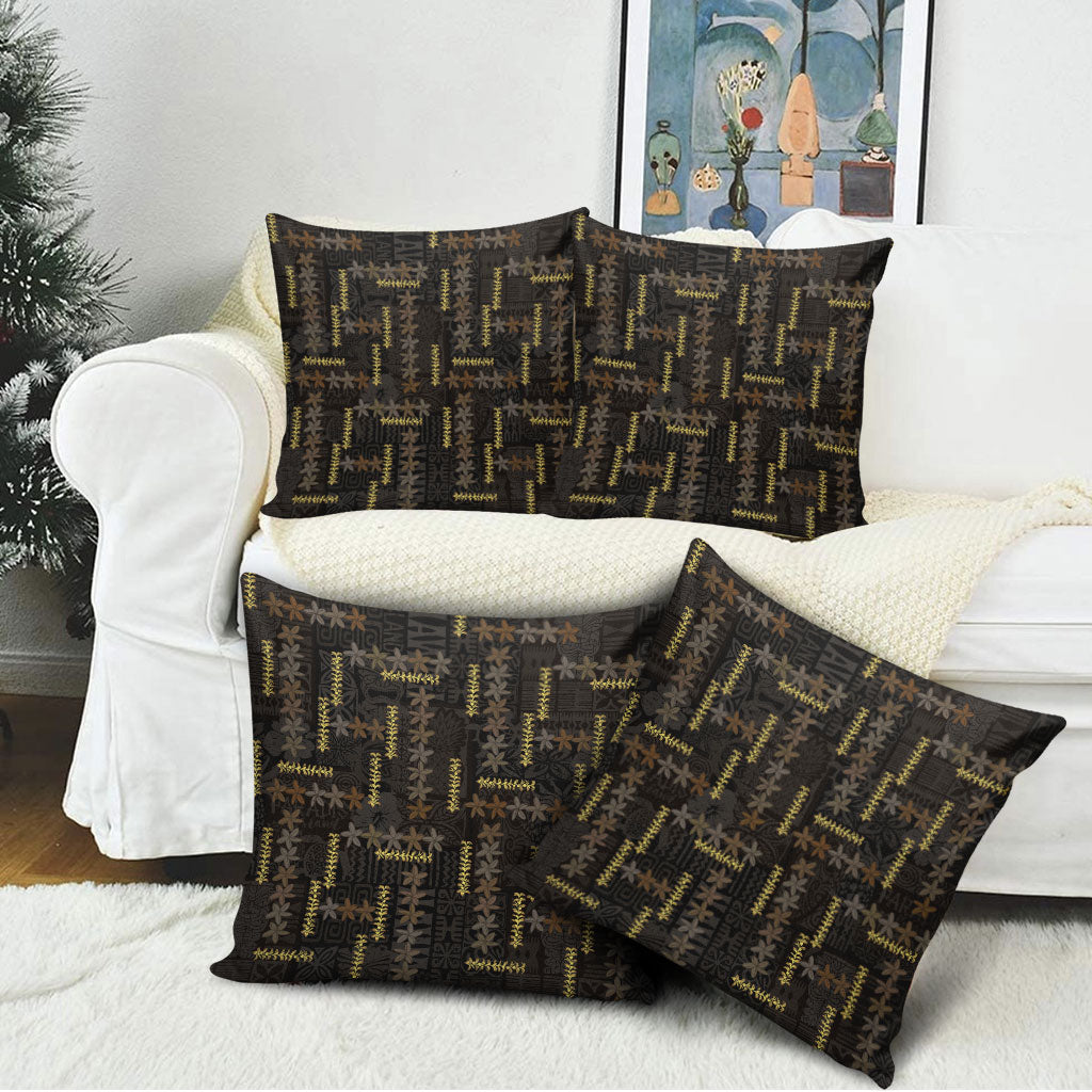 Hawaii Brown Plumeria Lei Black Pillow Cover Frangipani Floral Heritage Art