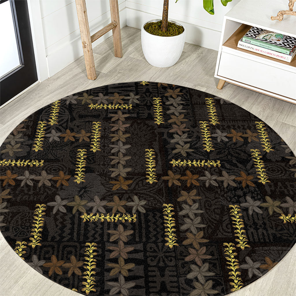 Hawaii Brown Plumeria Lei Black Round Carpet Frangipani Floral Heritage Art