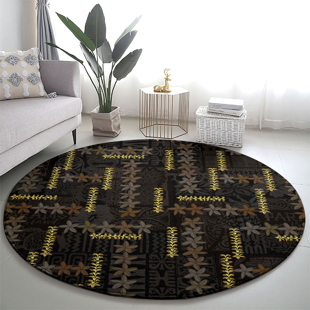 Hawaii Brown Plumeria Lei Black Round Carpet Frangipani Floral Heritage Art