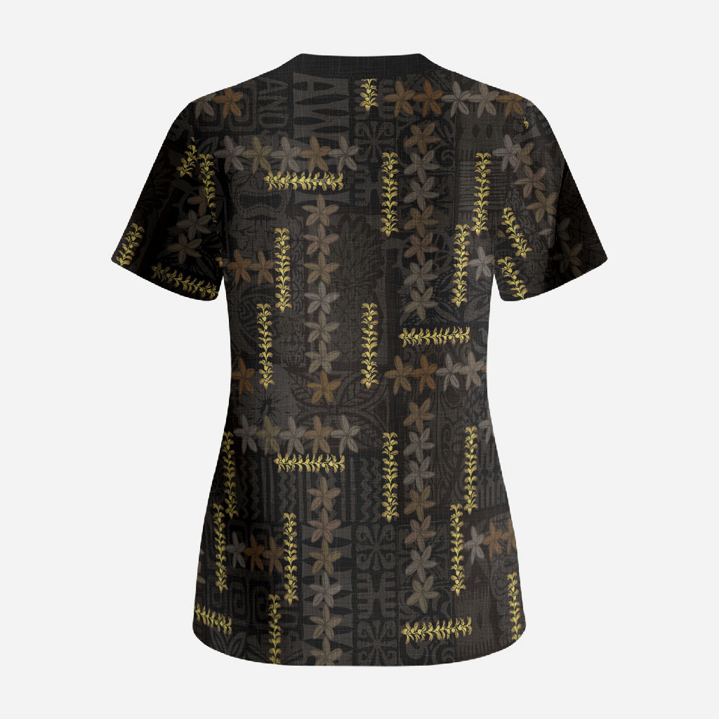 Hawaii Brown Plumeria Lei Black Scrub Top Frangipani Floral Heritage Art LT01 - Polynesian Pride