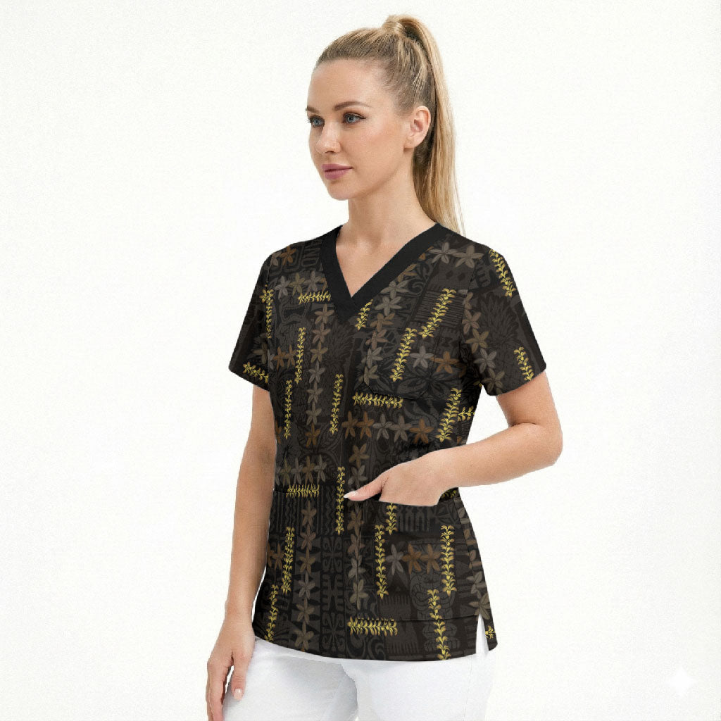 Hawaii Brown Plumeria Lei Black Scrub Top Frangipani Floral Heritage Art LT01 - Polynesian Pride
