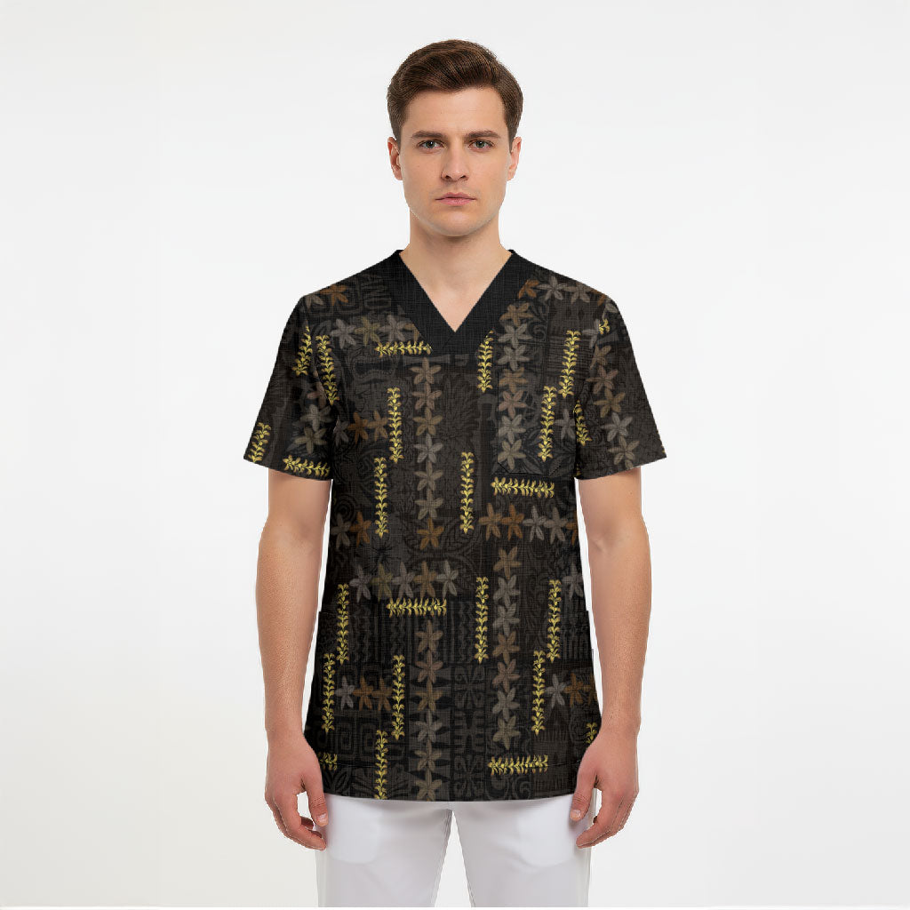 Hawaii Brown Plumeria Lei Black Scrub Top Frangipani Floral Heritage Art LT01 - Polynesian Pride