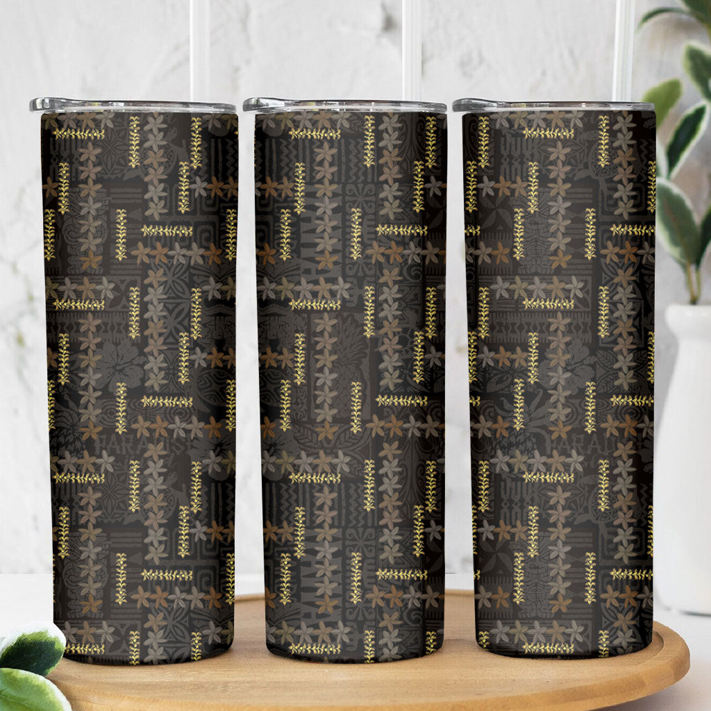 Hawaii Brown Plumeria Lei Black Skinny Tumbler Frangipani Floral Heritage Art LT01 - Polynesian Pride