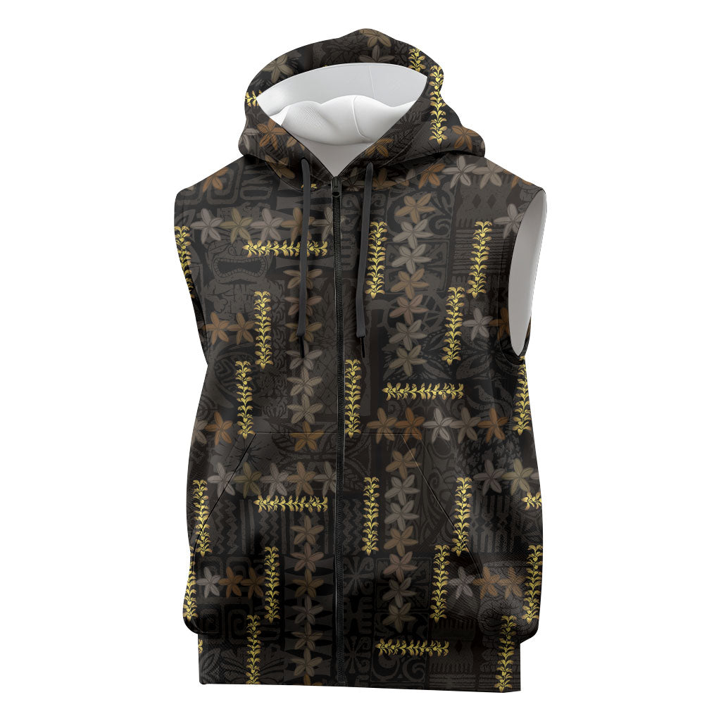 Hawaii Brown Plumeria Lei Black Sleeveless Zip Hoodie Frangipani Floral Heritage Art