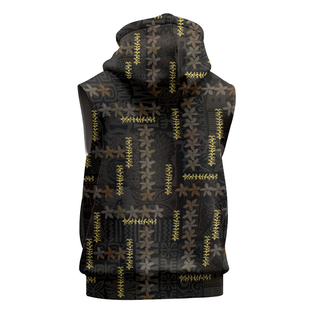 Hawaii Brown Plumeria Lei Black Sleeveless Zip Hoodie Frangipani Floral Heritage Art LT01 - Polynesian Pride