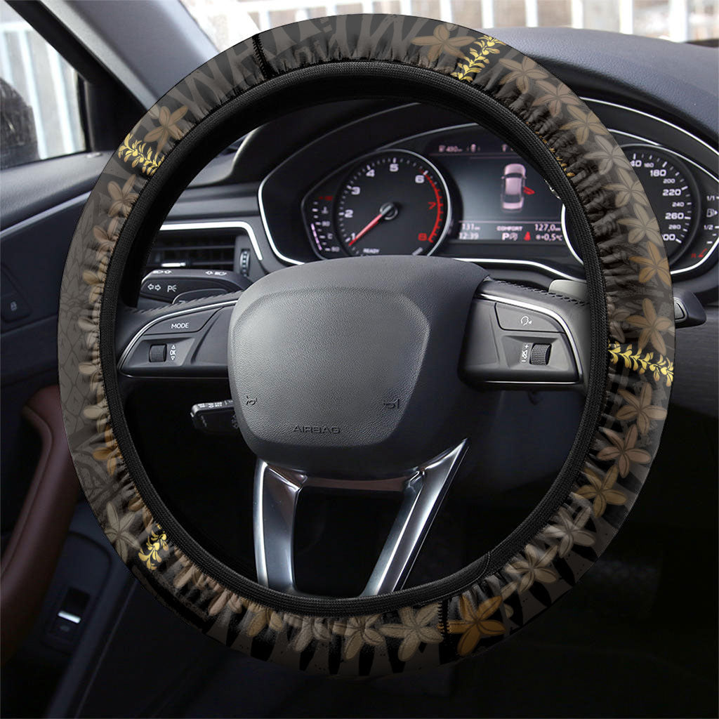 Hawaii Brown Plumeria Lei Black Steering Wheel Cover Frangipani Floral Heritage Art