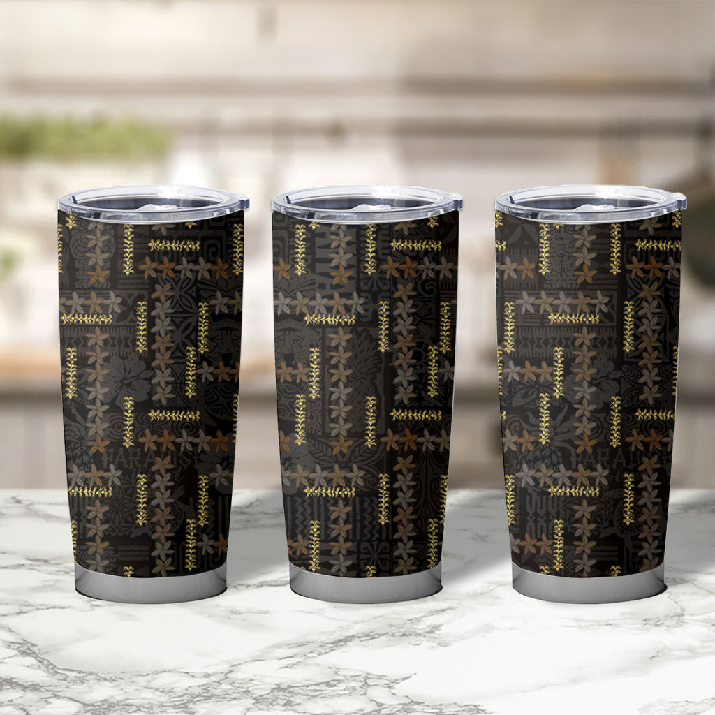 Hawaii Brown Plumeria Lei Black Tumbler Cup Frangipani Floral Heritage Art