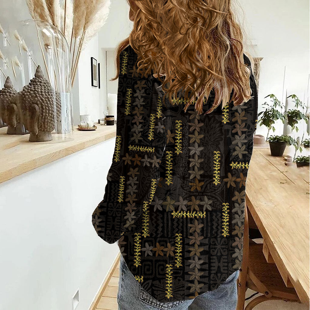 Hawaii Brown Plumeria Lei Black Women Casual Shirt Frangipani Floral Heritage Art