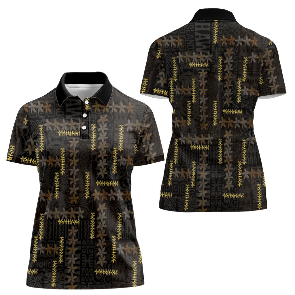 Hawaii Brown Plumeria Lei Black Women Polo Shirt Frangipani Floral Heritage Art