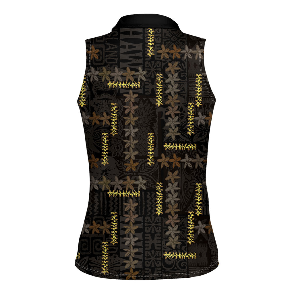 Hawaii Brown Plumeria Lei Black Women Sleeveless Polo Shirt Frangipani Floral Heritage Art LT01 - Polynesian Pride