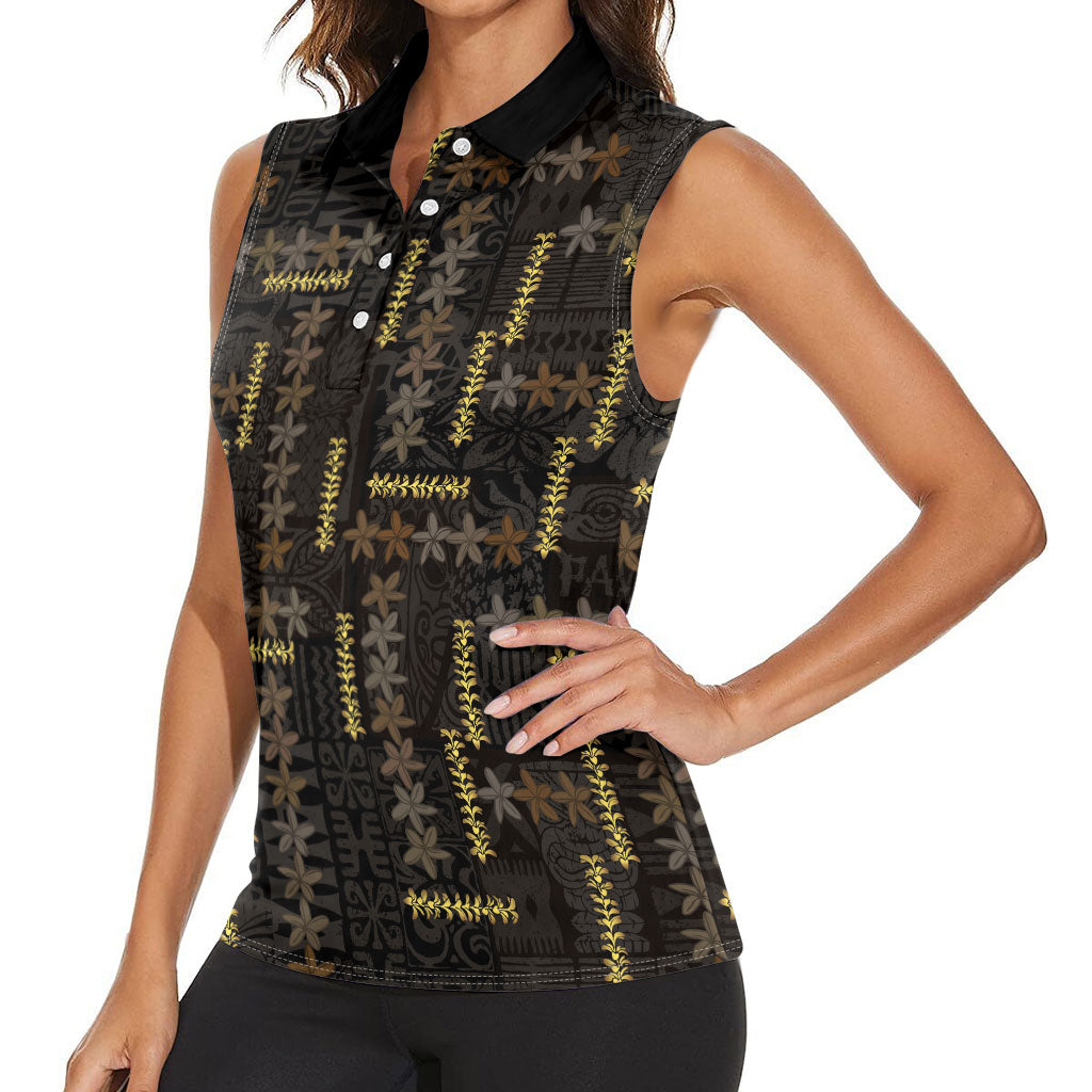 Hawaii Brown Plumeria Lei Black Women Sleeveless Polo Shirt Frangipani Floral Heritage Art LT01 - Polynesian Pride