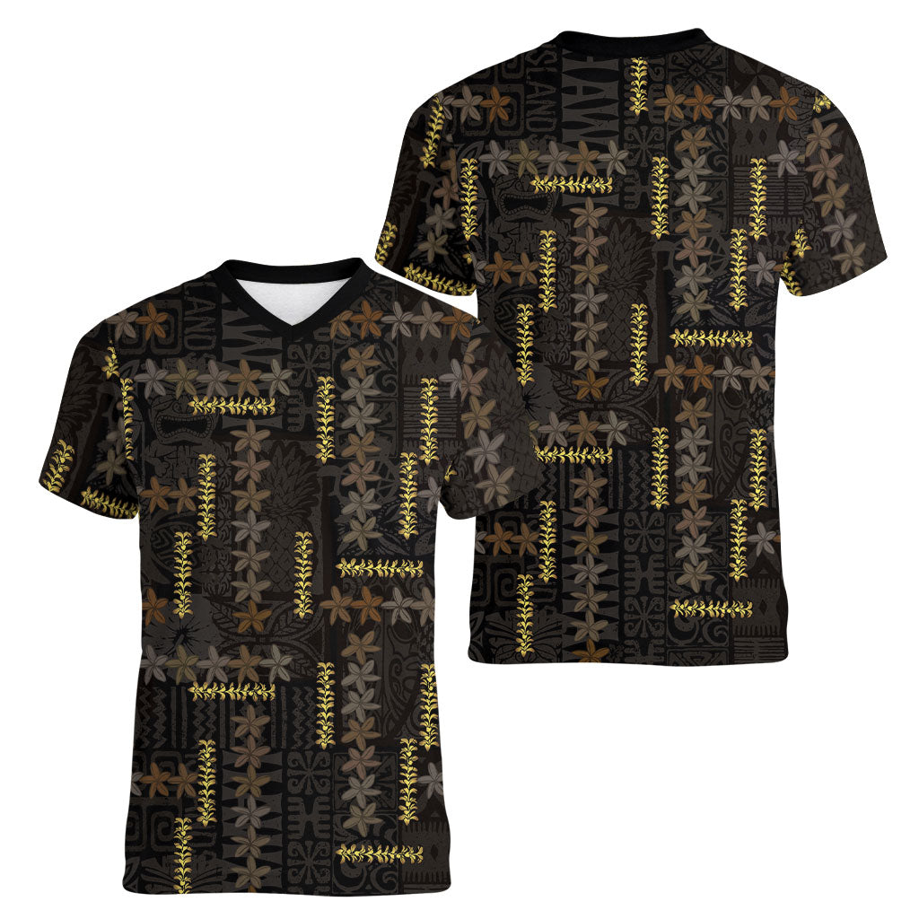 Hawaii Brown Plumeria Lei Black Women V-Neck T-Shirt Frangipani Floral Heritage Art LT01 - Polynesian Pride