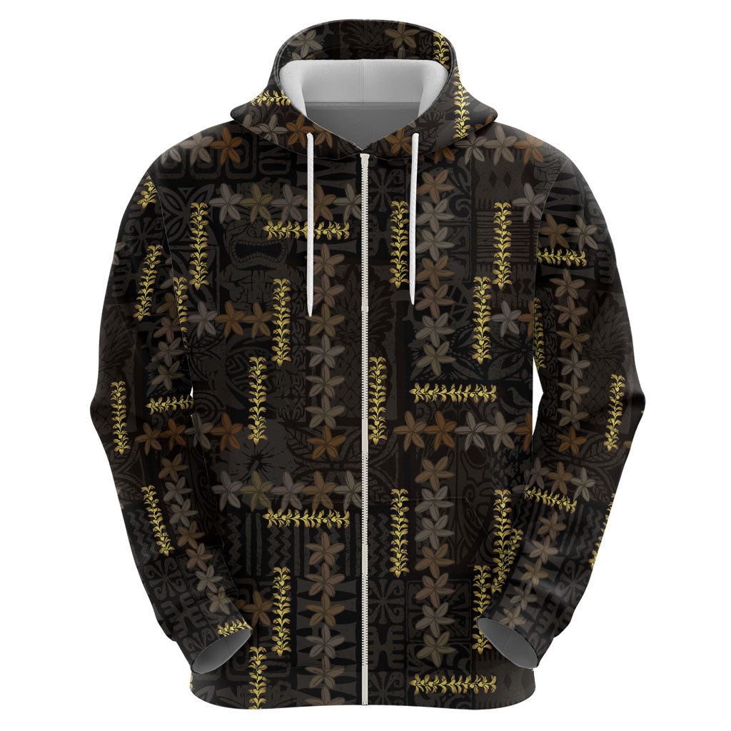 Hawaii Brown Plumeria Lei Black Zip Hoodie Frangipani Floral Heritage Art