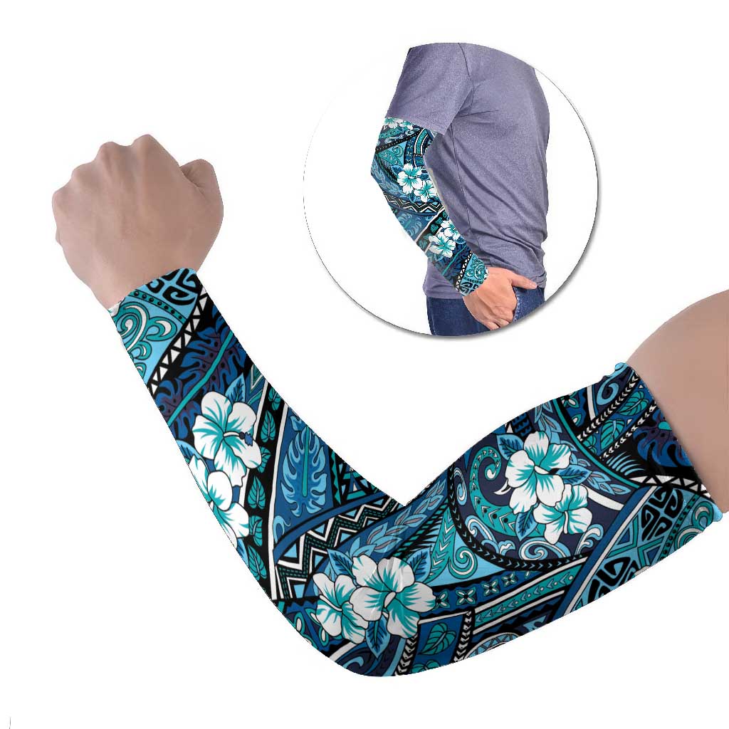 Polynesian Hibiscus Tropical Blue Floral Arm Sleeves Tribal Pattern LT01 Set of 2 Blue - Polynesian Pride