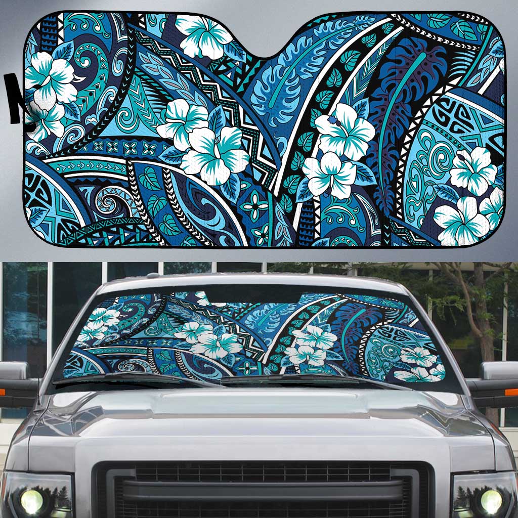 Polynesian Hibiscus Tropical Blue Floral Auto Sun Shade Tribal Pattern LT01 Blue - Polynesian Pride