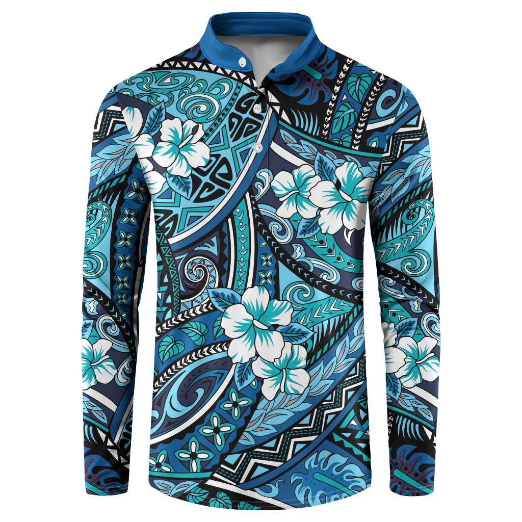 Polynesian Hibiscus Tropical Blue Floral Button Sweatshirt Tribal Pattern LT01 Blue - Polynesian Pride