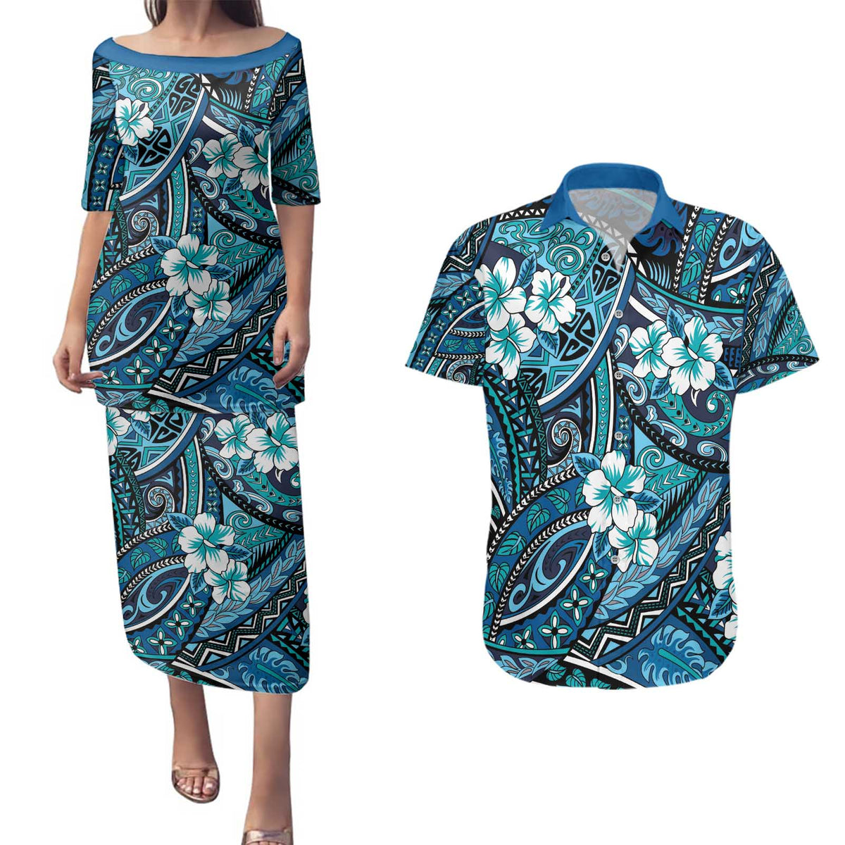 Polynesian Hibiscus Tropical Blue Floral Couples Matching Puletasi and Hawaiian Shirt Tribal Pattern - Polynesian Pride