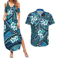 Polynesian Hibiscus Tropical Blue Floral Couples Matching Summer Maxi Dress and Hawaiian Shirt Tribal Pattern LT01 Blue - Polynesian Pride