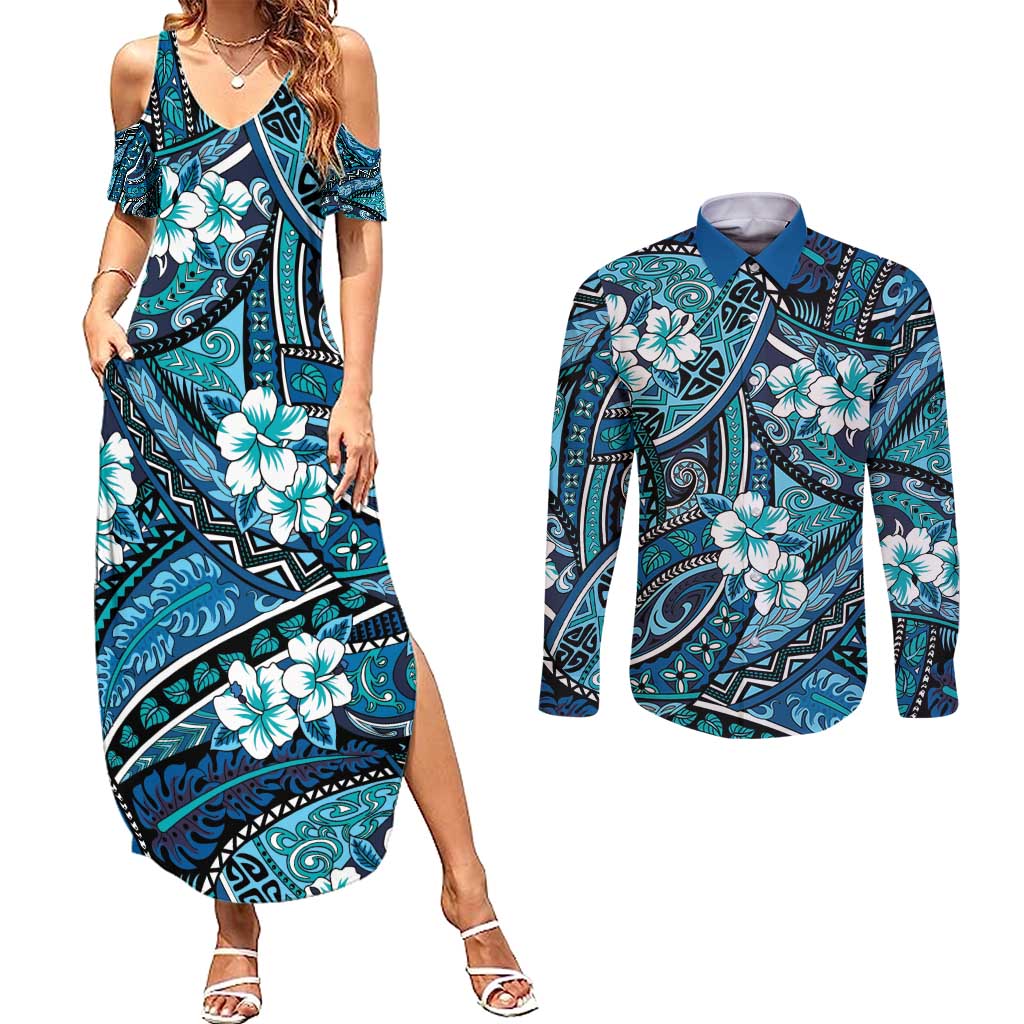 Polynesian Hibiscus Tropical Blue Floral Couples Matching Summer Maxi Dress and Long Sleeve Button Shirt Tribal Pattern LT01 Blue - Polynesian Pride