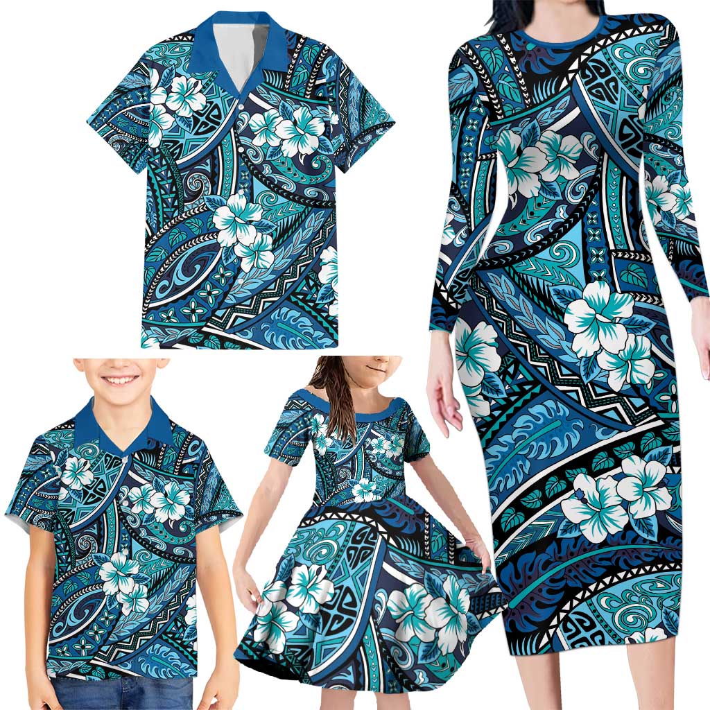 Polynesian Hibiscus Tropical Blue Floral Family Matching Long Sleeve Bodycon Dress and Hawaiian Shirt Tribal Pattern LT01 - Polynesian Pride