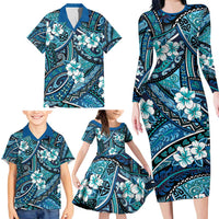 Polynesian Hibiscus Tropical Blue Floral Family Matching Long Sleeve Bodycon Dress and Hawaiian Shirt Tribal Pattern LT01 - Polynesian Pride