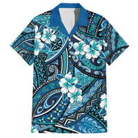 Polynesian Hibiscus Tropical Blue Floral Family Matching Long Sleeve Bodycon Dress and Hawaiian Shirt Tribal Pattern LT01 Dad's Shirt - Short Sleeve Blue - Polynesian Pride