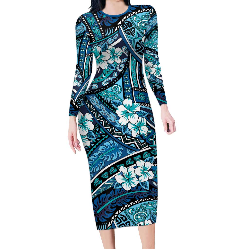 Polynesian Hibiscus Tropical Blue Floral Family Matching Long Sleeve Bodycon Dress and Hawaiian Shirt Tribal Pattern LT01 Mom's Dress Blue - Polynesian Pride