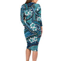 Polynesian Hibiscus Tropical Blue Floral Family Matching Long Sleeve Bodycon Dress and Hawaiian Shirt Tribal Pattern LT01 - Polynesian Pride