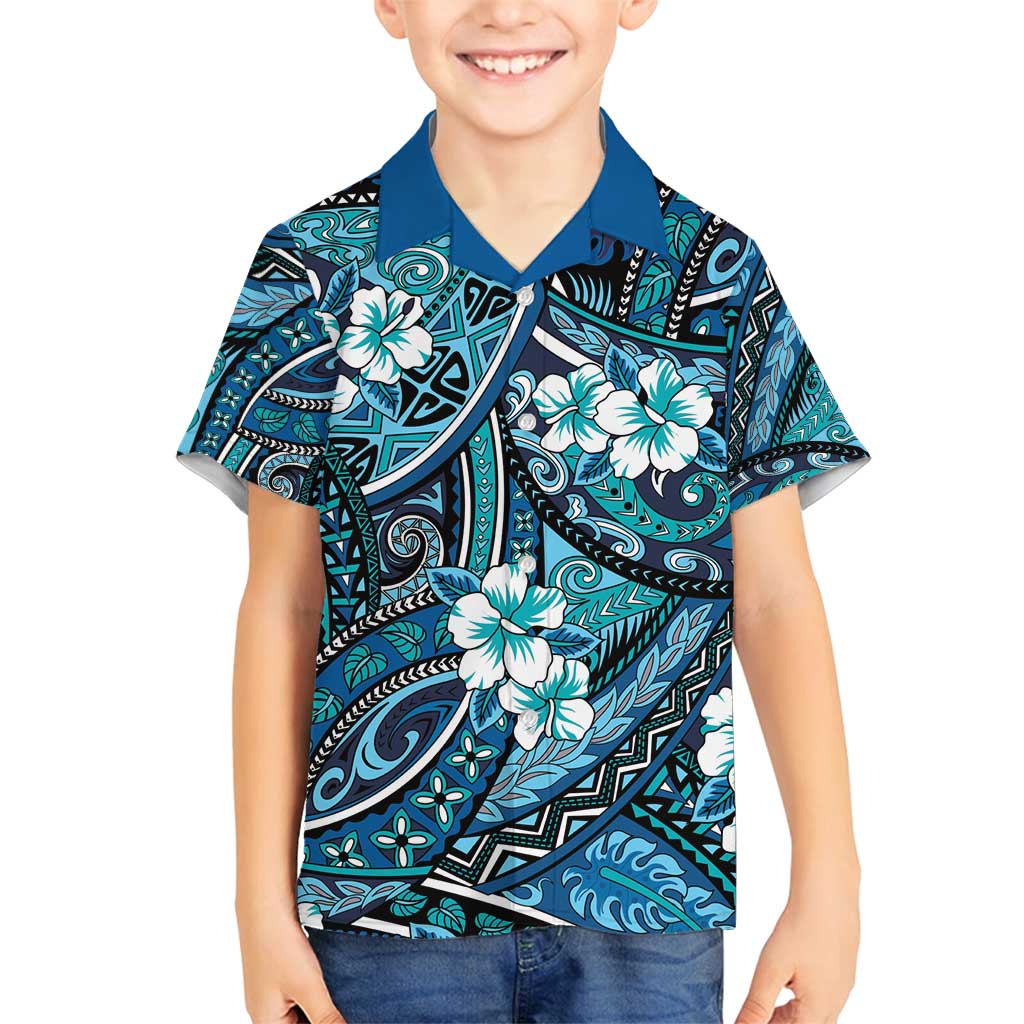 Polynesian Hibiscus Tropical Blue Floral Family Matching Long Sleeve Bodycon Dress and Hawaiian Shirt Tribal Pattern LT01 Son's Shirt Blue - Polynesian Pride