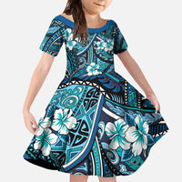 Polynesian Hibiscus Tropical Blue Floral Family Matching Mermaid Dress and Hawaiian Shirt Tribal Pattern LT01 Daughter's Dress Blue - Polynesian Pride