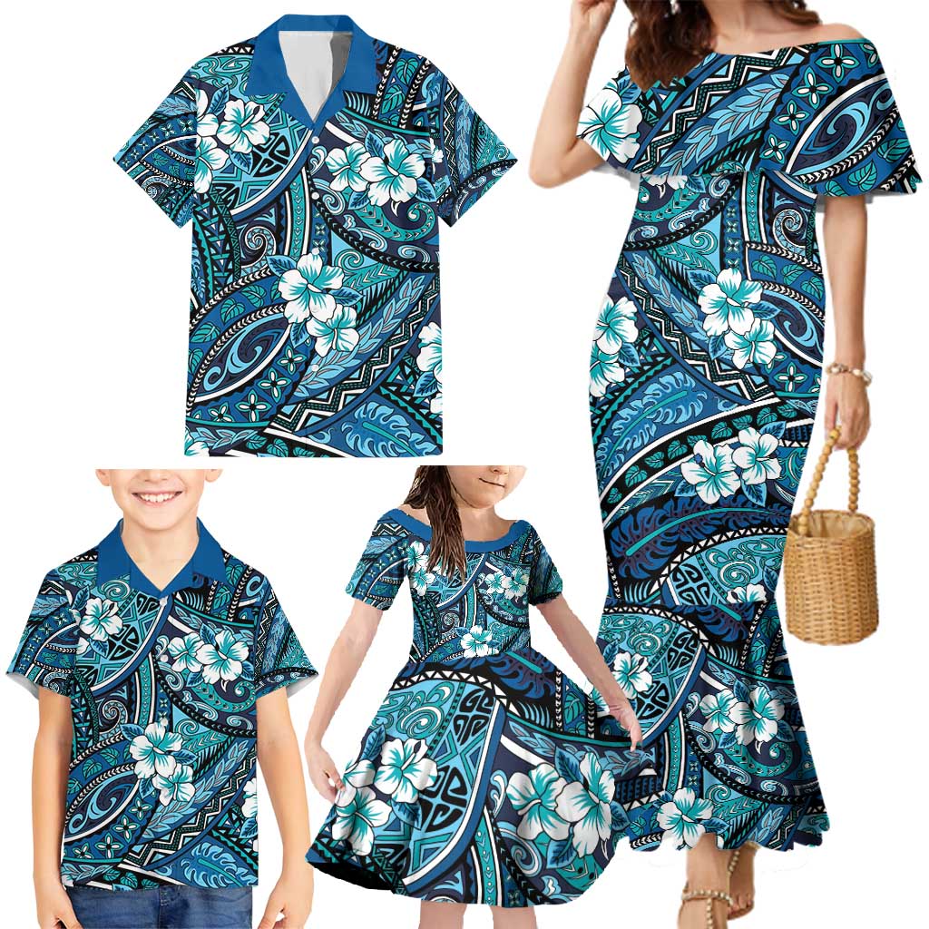 Polynesian Hibiscus Tropical Blue Floral Family Matching Mermaid Dress and Hawaiian Shirt Tribal Pattern LT01 - Polynesian Pride