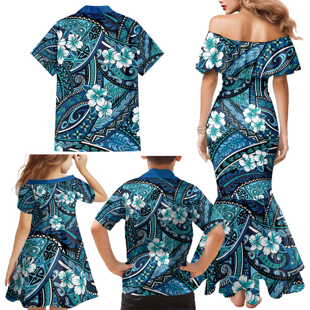 Polynesian Hibiscus Tropical Blue Floral Family Matching Mermaid Dress and Hawaiian Shirt Tribal Pattern LT01 - Polynesian Pride