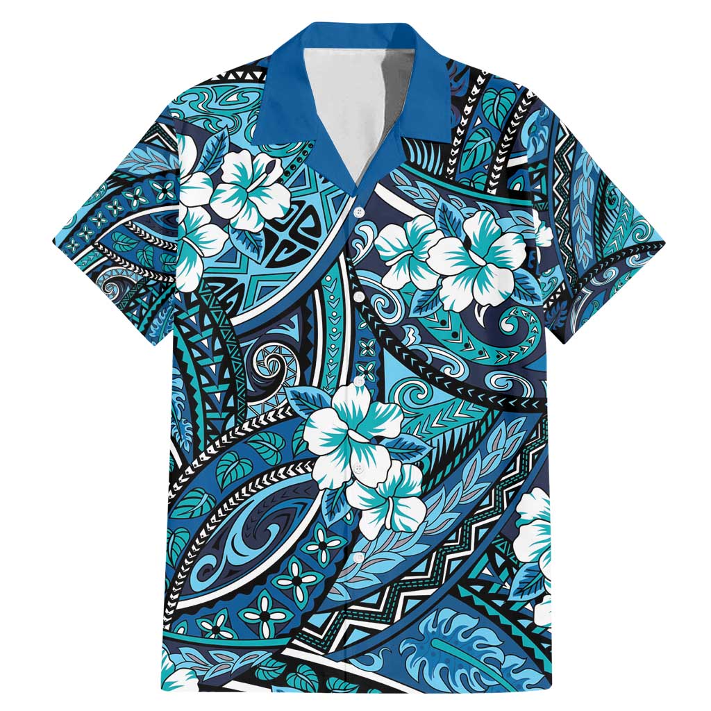 Polynesian Hibiscus Tropical Blue Floral Family Matching Mermaid Dress and Hawaiian Shirt Tribal Pattern LT01 Dad's Shirt - Short Sleeve Blue - Polynesian Pride