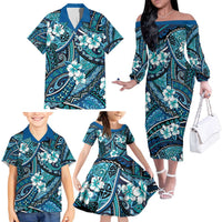 Polynesian Hibiscus Tropical Blue Floral Family Matching Off The Shoulder Long Sleeve Dress and Hawaiian Shirt Tribal Pattern LT01 - Polynesian Pride