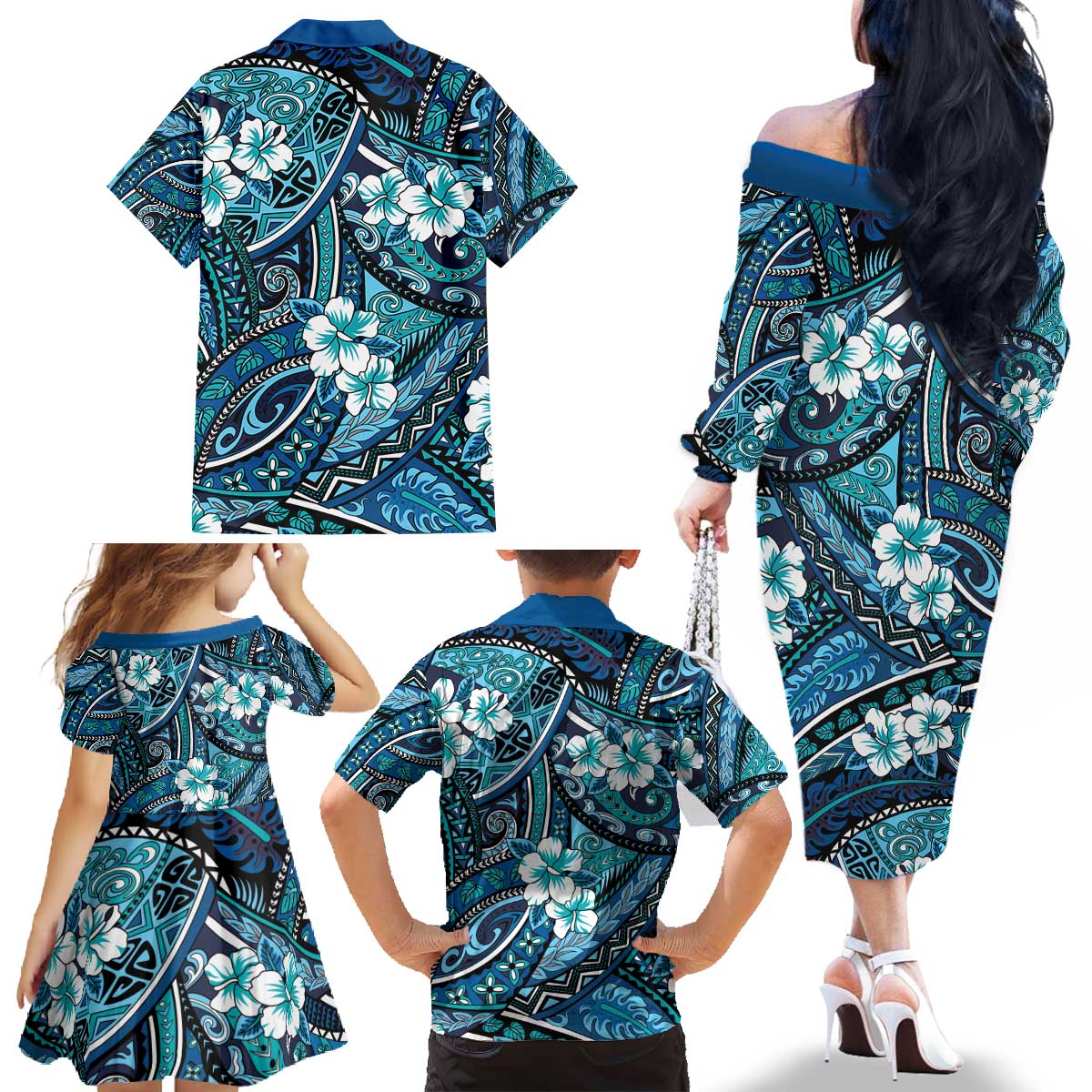 Polynesian Hibiscus Tropical Blue Floral Family Matching Off The Shoulder Long Sleeve Dress and Hawaiian Shirt Tribal Pattern LT01 - Polynesian Pride