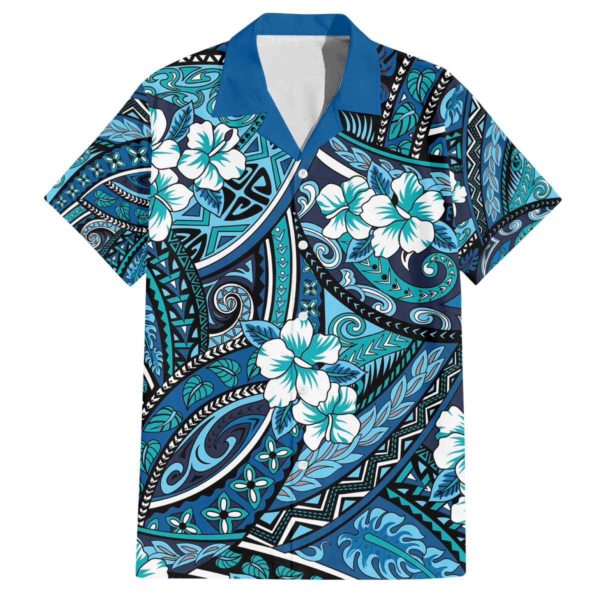 Polynesian Hibiscus Tropical Blue Floral Family Matching Off The Shoulder Long Sleeve Dress and Hawaiian Shirt Tribal Pattern LT01 Dad's Shirt - Short Sleeve Blue - Polynesian Pride