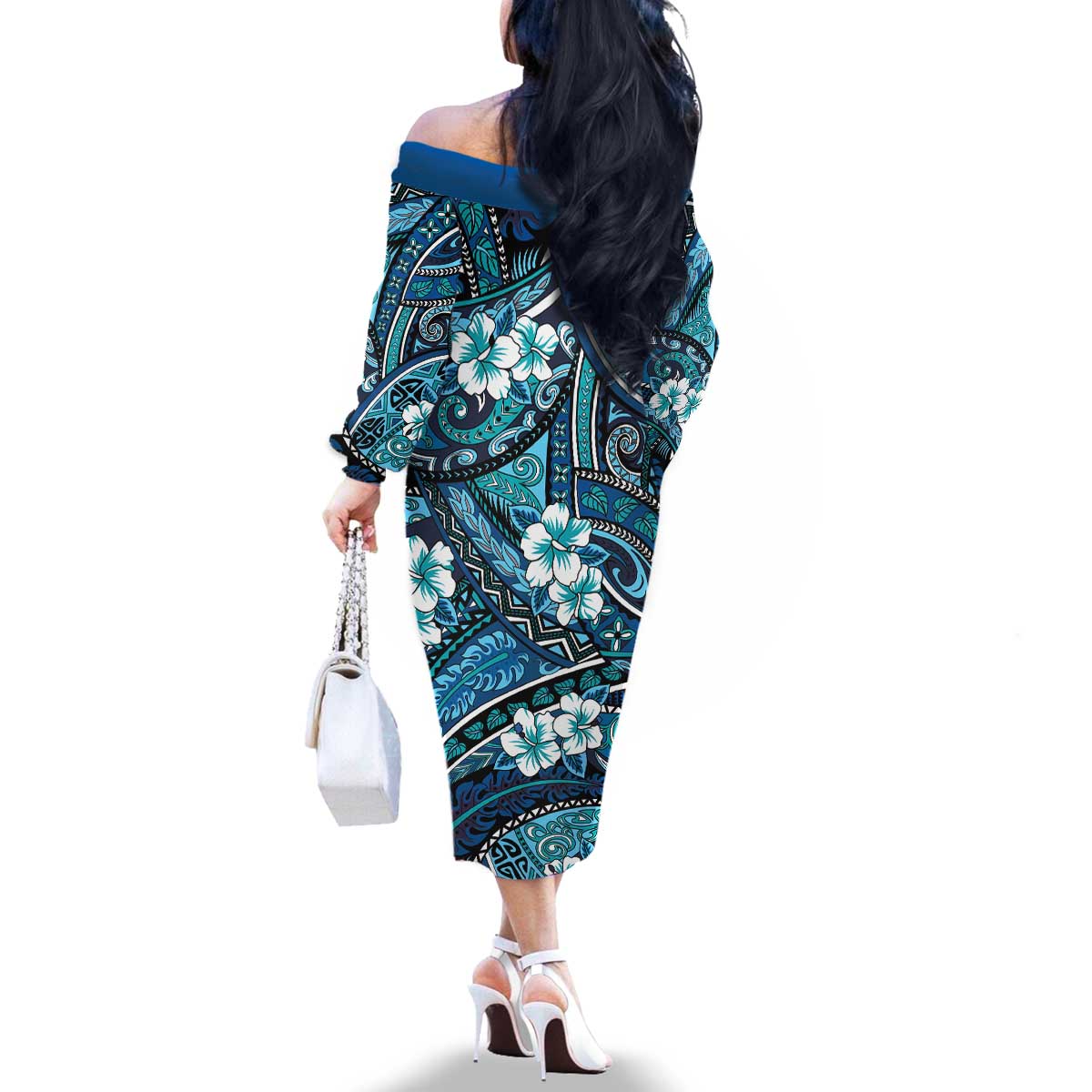 Polynesian Hibiscus Tropical Blue Floral Family Matching Off The Shoulder Long Sleeve Dress and Hawaiian Shirt Tribal Pattern LT01 - Polynesian Pride