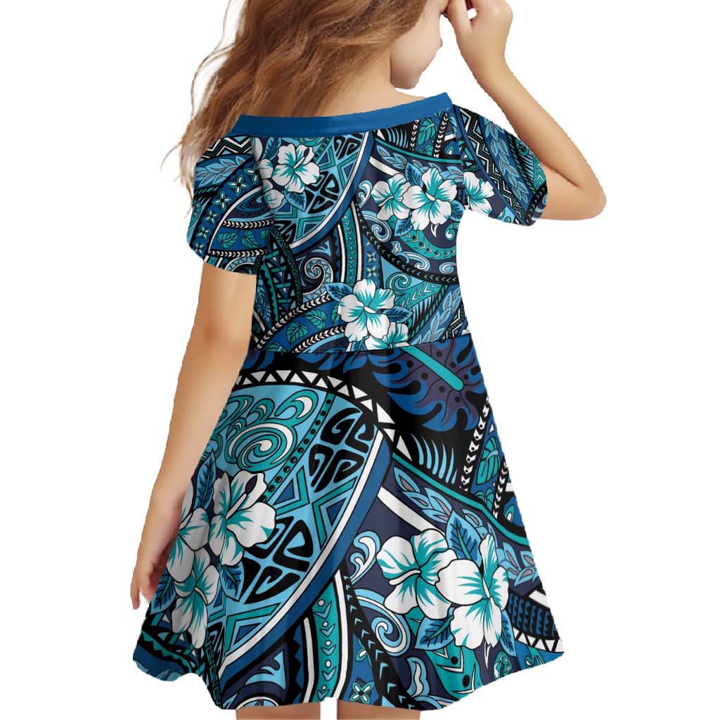 Polynesian Hibiscus Tropical Blue Floral Family Matching Off Shoulder Maxi Dress and Hawaiian Shirt Tribal Pattern - Polynesian Pride