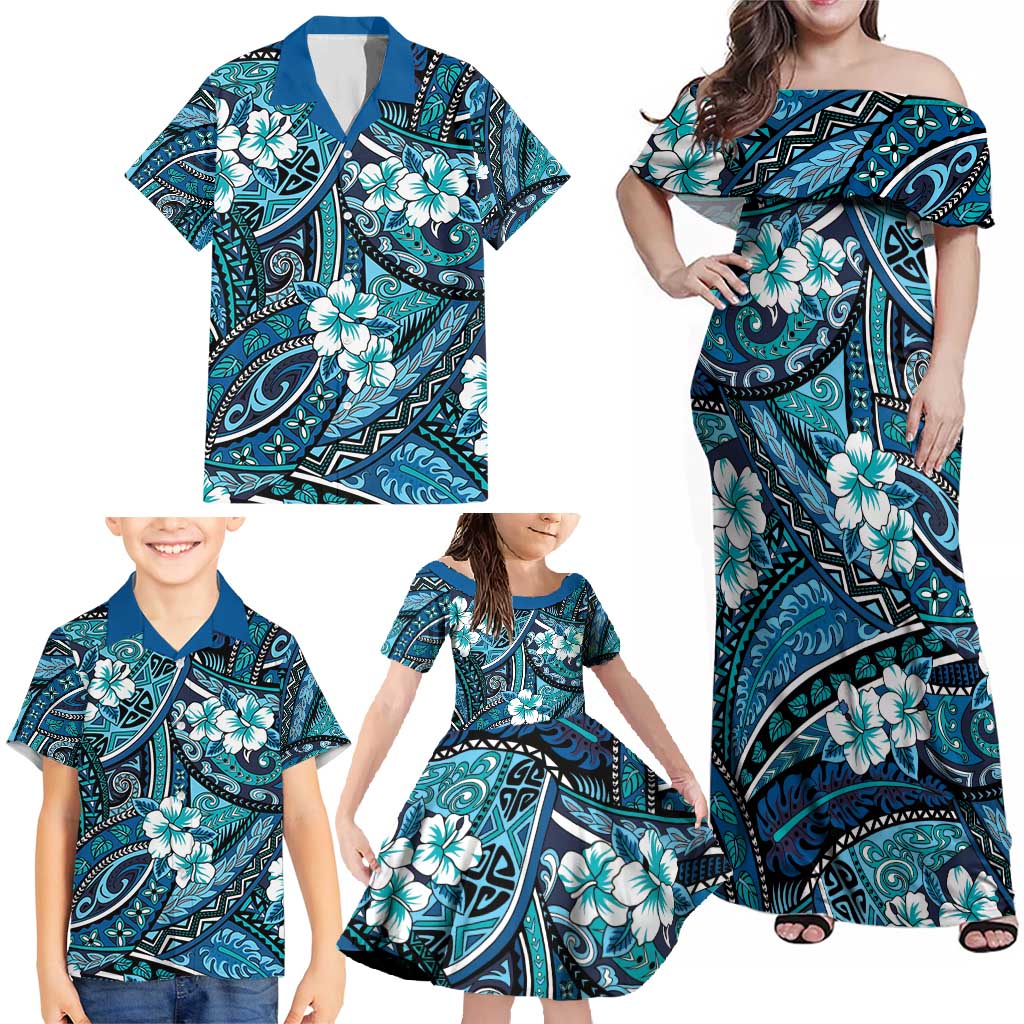 Polynesian Hibiscus Tropical Blue Floral Family Matching Off Shoulder Maxi Dress and Hawaiian Shirt Tribal Pattern LT01 - Polynesian Pride