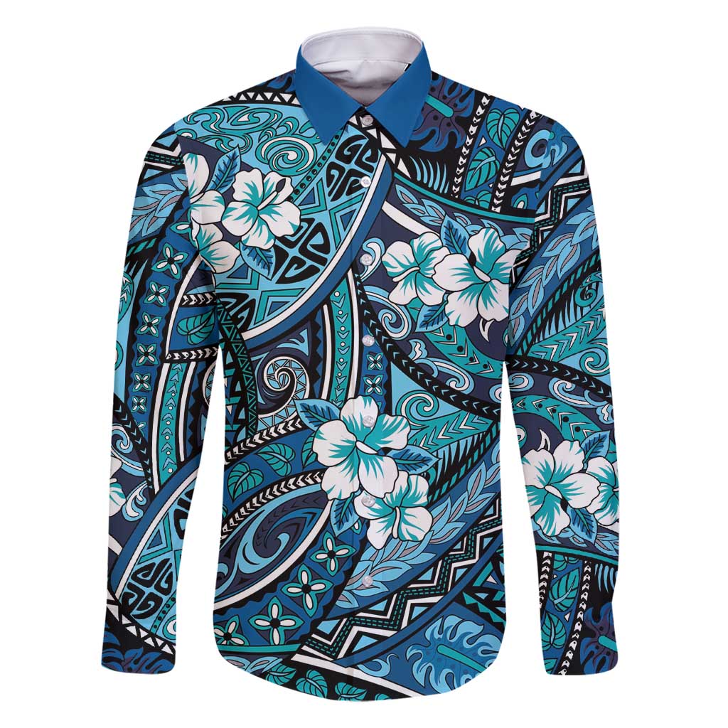 Polynesian Hibiscus Tropical Blue Floral Family Matching Off Shoulder Maxi Dress and Hawaiian Shirt Tribal Pattern - Polynesian Pride