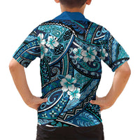Polynesian Hibiscus Tropical Blue Floral Family Matching Off Shoulder Short Dress and Hawaiian Shirt Tribal Pattern - Polynesian Pride