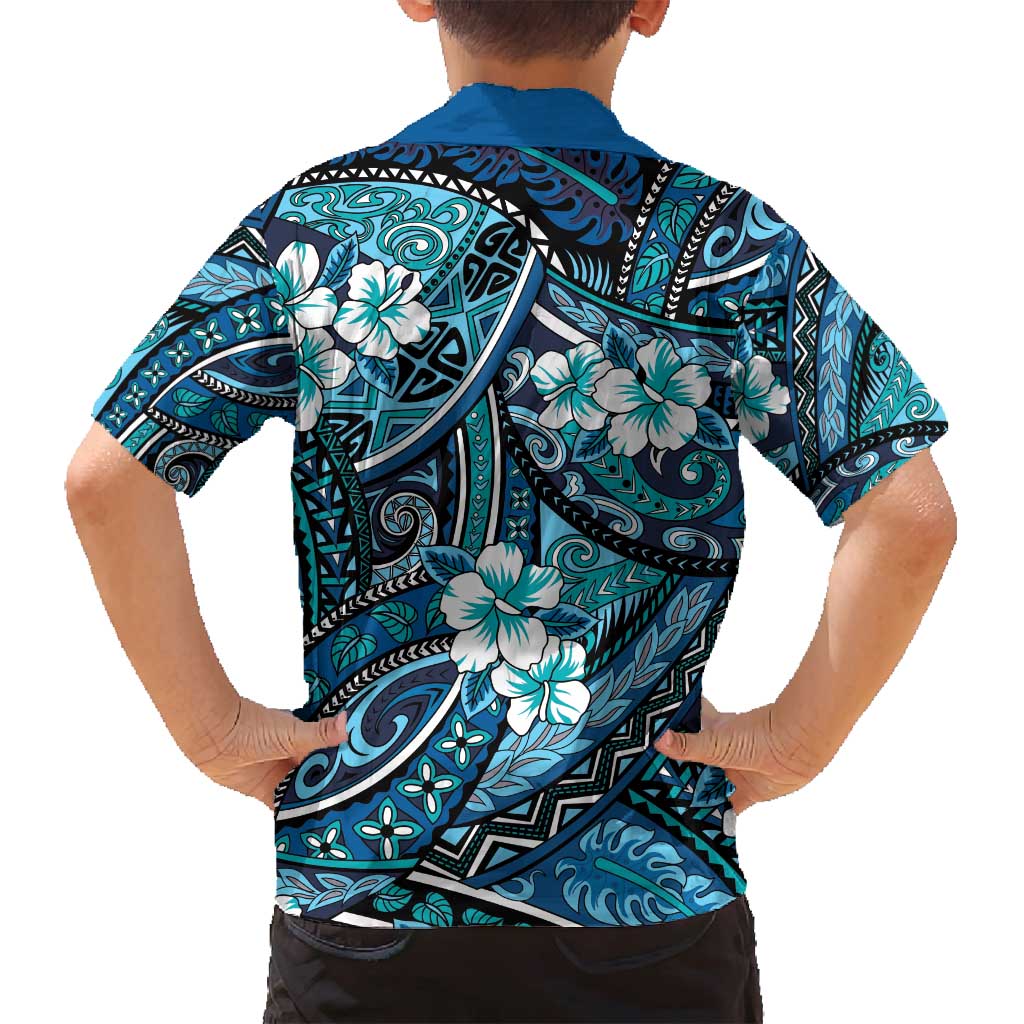 Polynesian Hibiscus Tropical Blue Floral Family Matching Puletasi and Hawaiian Shirt Tribal Pattern - Polynesian Pride