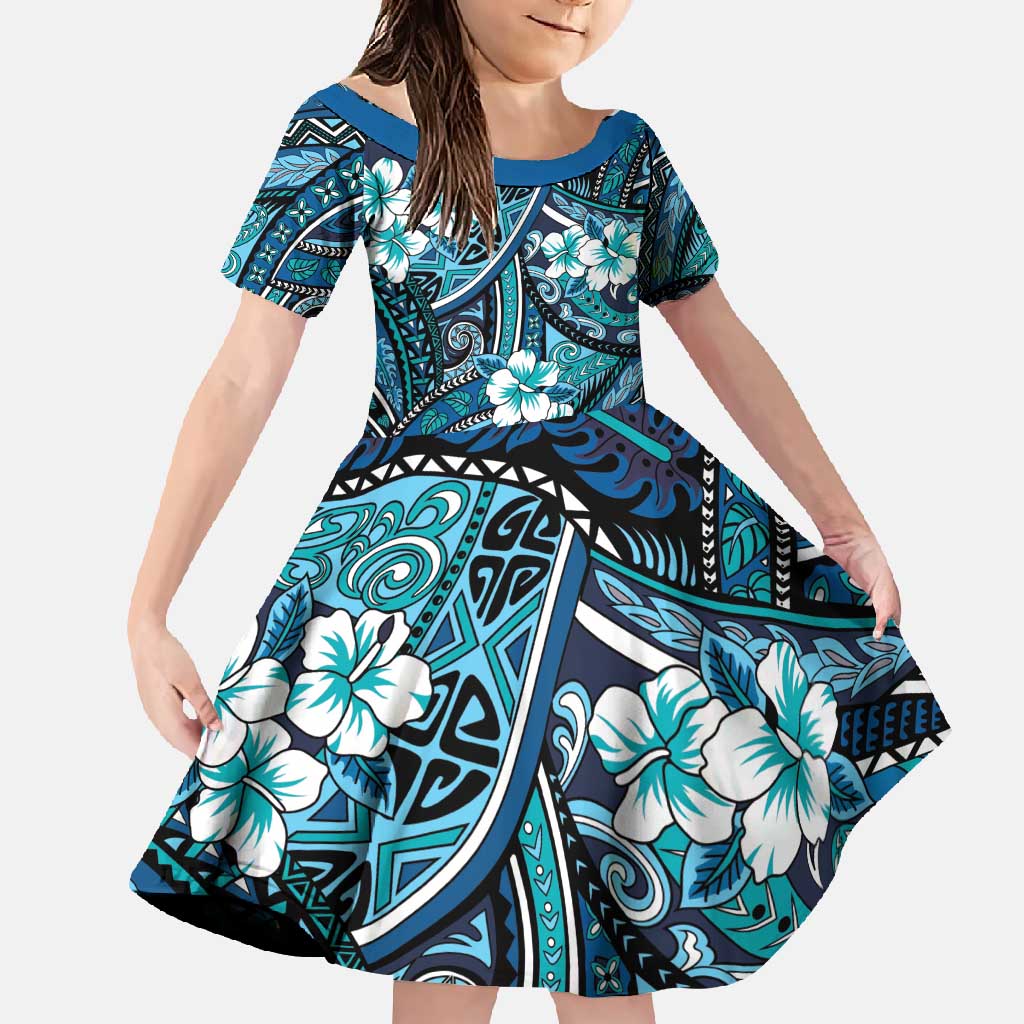 Polynesian Hibiscus Tropical Blue Floral Family Matching Short Sleeve Bodycon Dress and Hawaiian Shirt Tribal Pattern LT01 Daughter's Dress Blue - Polynesian Pride