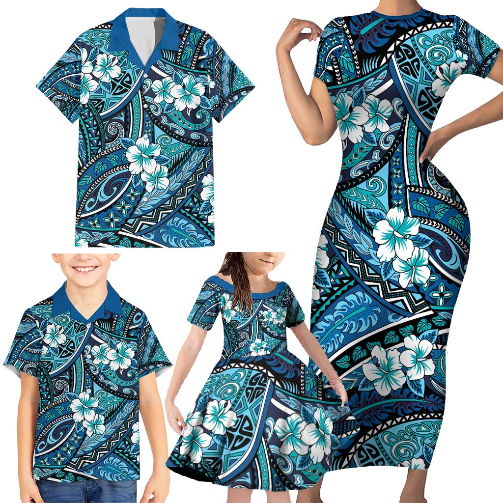 Polynesian Hibiscus Tropical Blue Floral Family Matching Short Sleeve Bodycon Dress and Hawaiian Shirt Tribal Pattern LT01 - Polynesian Pride