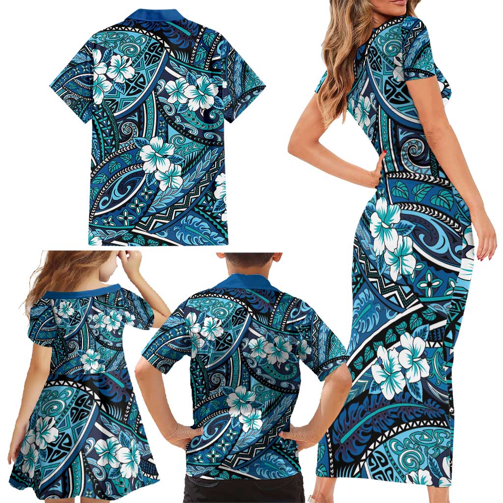 Polynesian Hibiscus Tropical Blue Floral Family Matching Short Sleeve Bodycon Dress and Hawaiian Shirt Tribal Pattern LT01 - Polynesian Pride