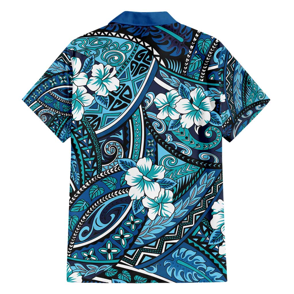 Polynesian Hibiscus Tropical Blue Floral Family Matching Short Sleeve Bodycon Dress and Hawaiian Shirt Tribal Pattern LT01 - Polynesian Pride