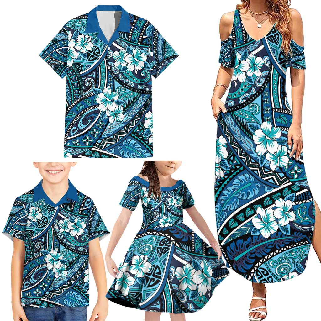 Polynesian Hibiscus Tropical Blue Floral Family Matching Summer Maxi Dress and Hawaiian Shirt Tribal Pattern LT01 - Polynesian Pride