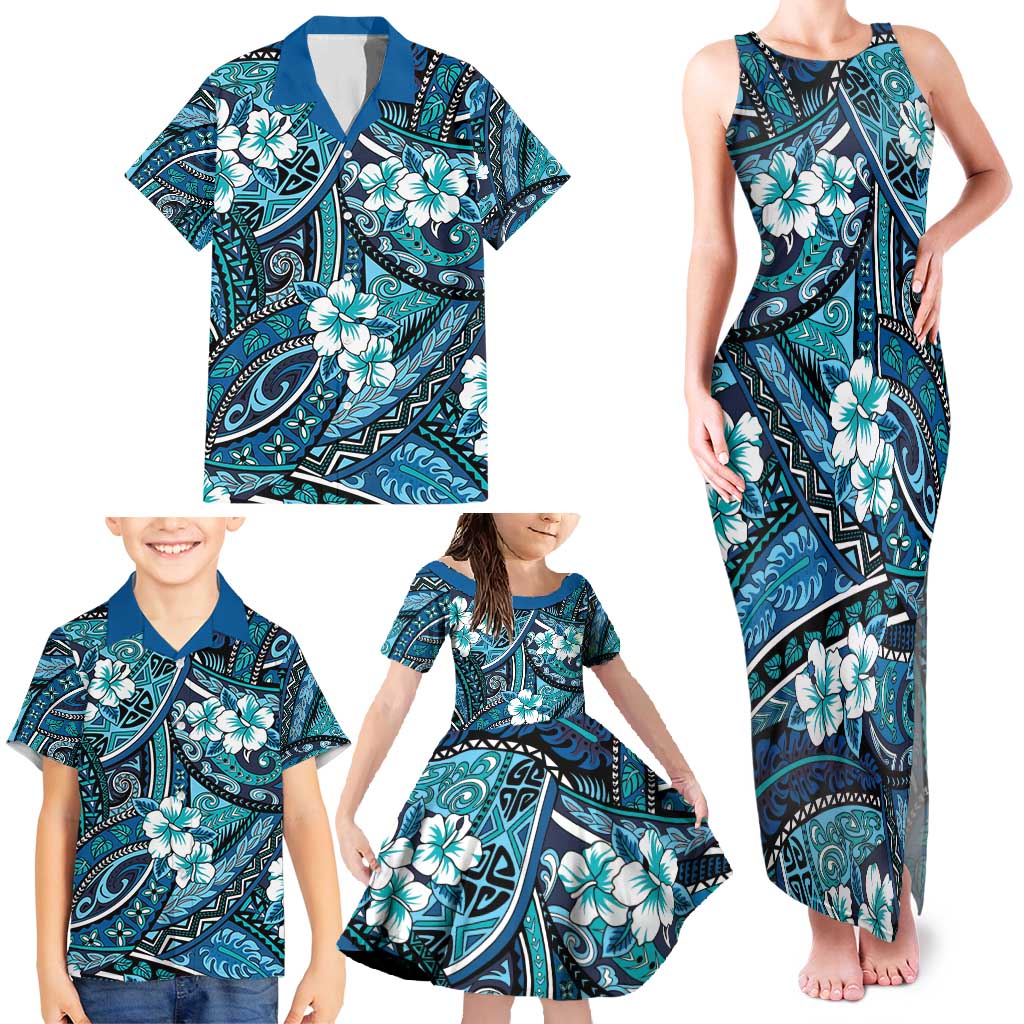 Polynesian Hibiscus Tropical Blue Floral Family Matching Tank Maxi Dress and Hawaiian Shirt Tribal Pattern LT01 - Polynesian Pride